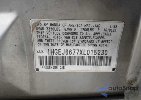 1999 Honda Civic Lx from USA, damaged, VIN 1HGEJ6677XL015230